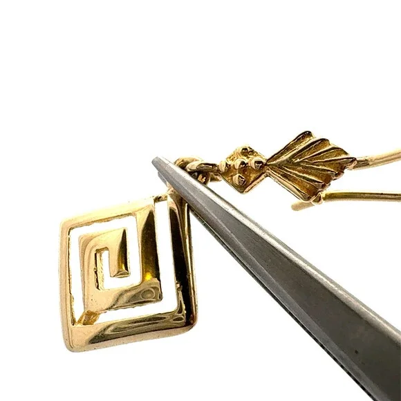 Designer 14K Yellow Gold Etruscan Modernist Square Swirl Dangle Hook Earrings